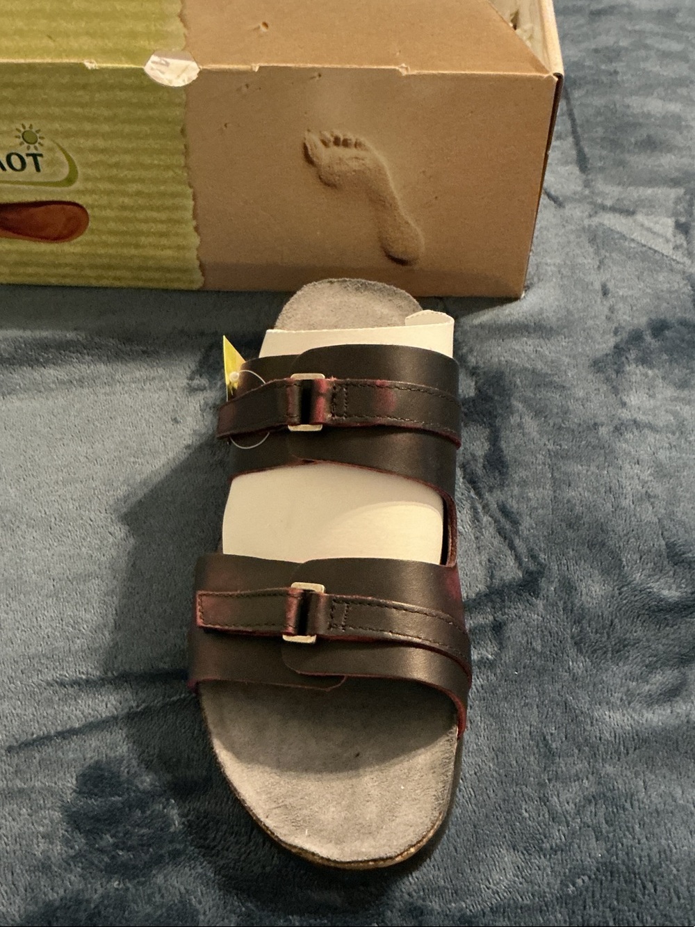 Naot Double-Buckle Sandal in Dark Brown with Red Accent